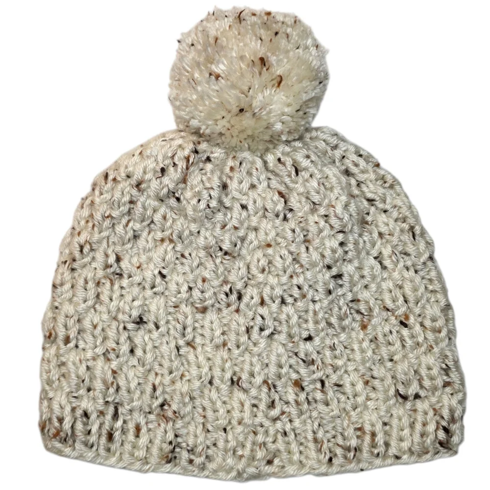 Winter Hat Handmade Speckled Cream Yarn Knit Pom Pom Beanie Womens Accessories
